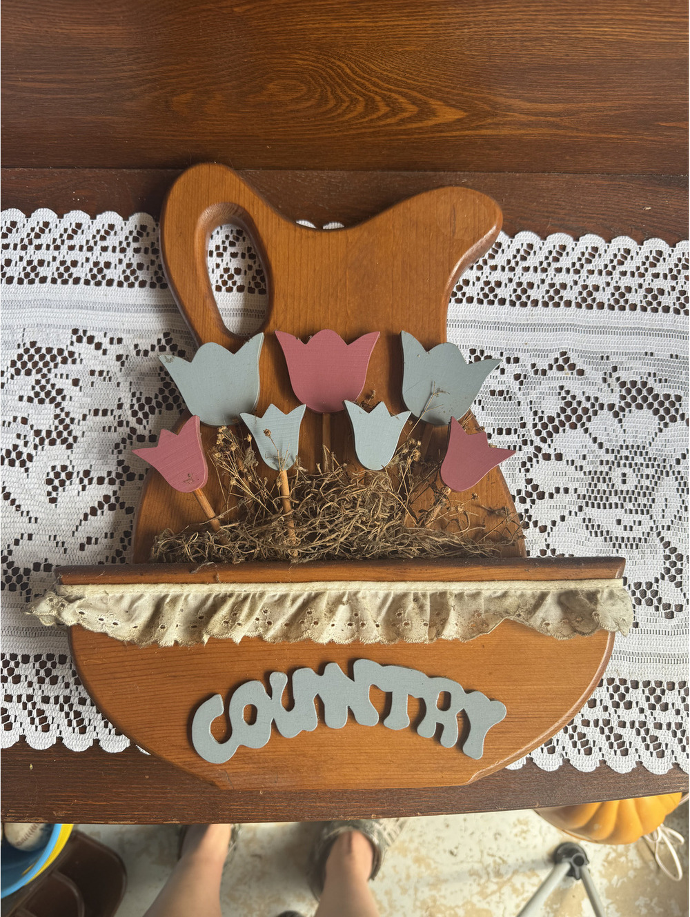 Cottage Core Wooden Wall Hanging Pitcher with Floral Accent